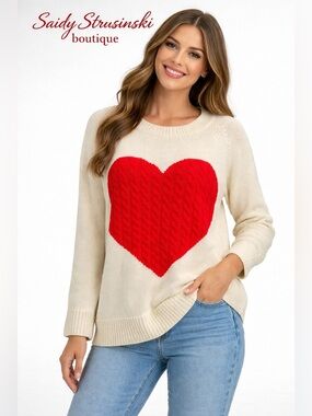 Cream and Red Crew Neck Sweater with Heart Design